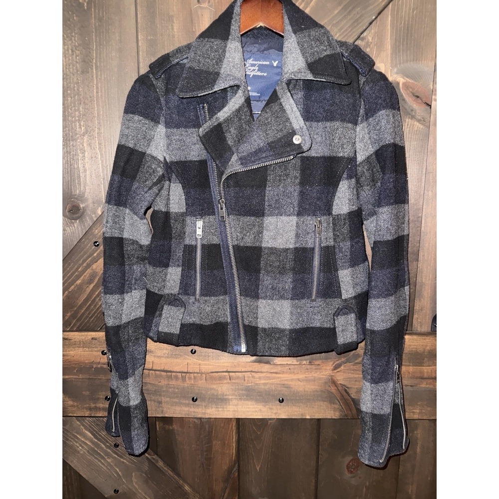 Y2K American Eagle‎ Moto Jacket Small Plaid Wool Blend Zip Coat 2009